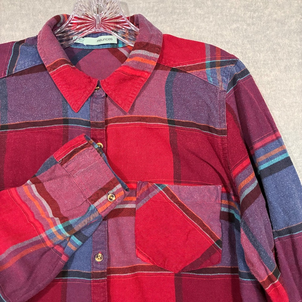 Maurices Womens Large Red Purple Plaid Button Down Flannel Shirt Long Sleeve